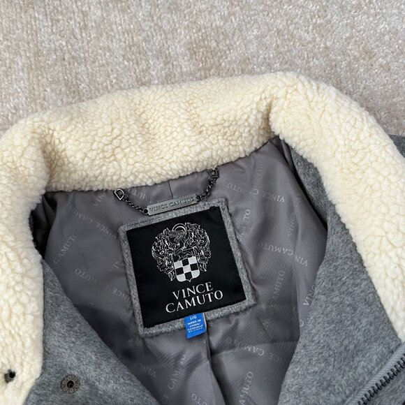 NWT Vince Camuto Faux Shearling Wool Blend Gray Pea Coat L - Picture 2 of 12